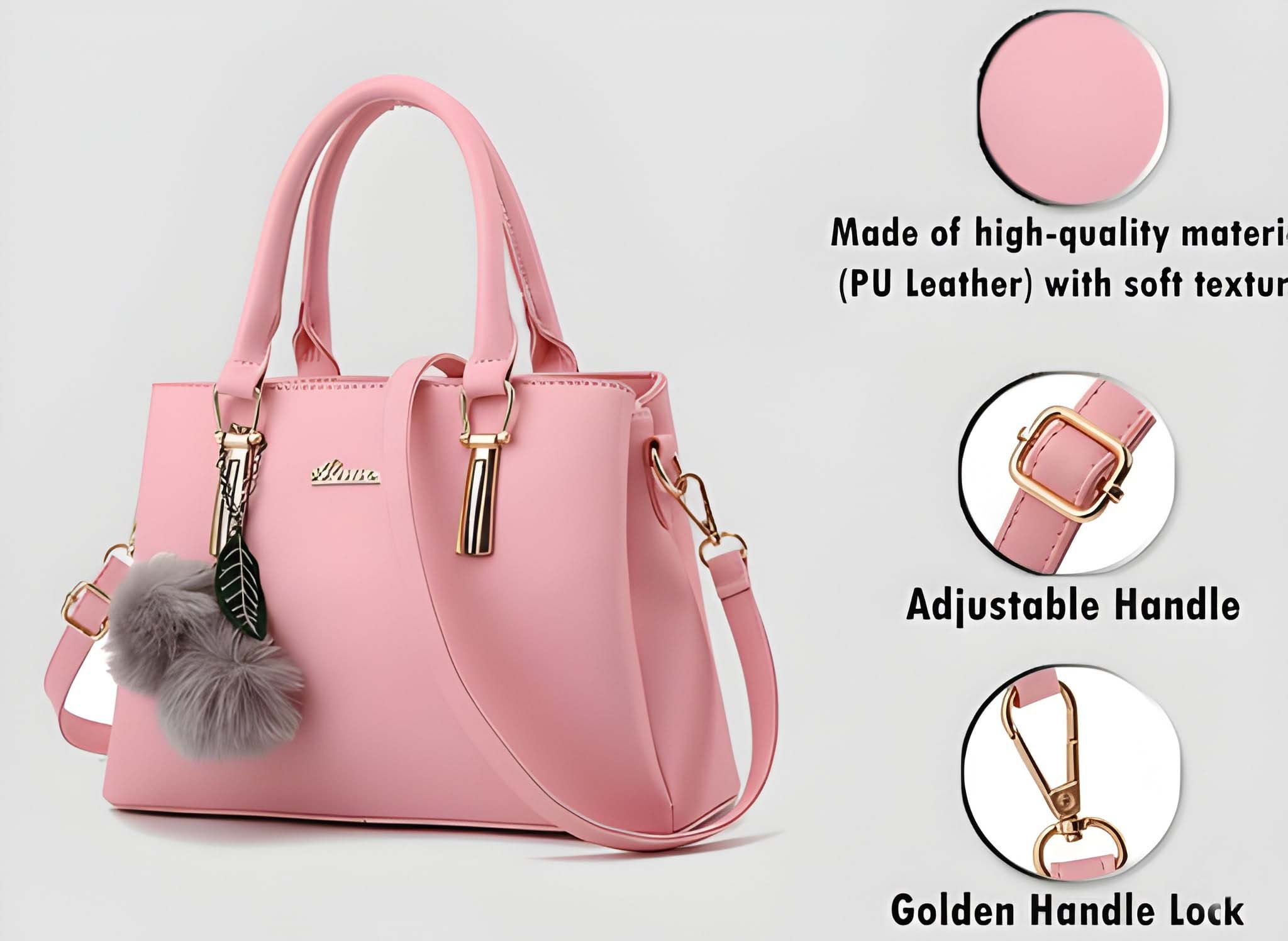 Premium Quality Women’s Stylish Handbag | Elegant PU Leather Shoulder & Tote Bag for Ladies | Spacious Multi-Compartment Design with Golden Hardware & Fur Ball Charm | Perfect for Office, Daily Use, Travel & Parties