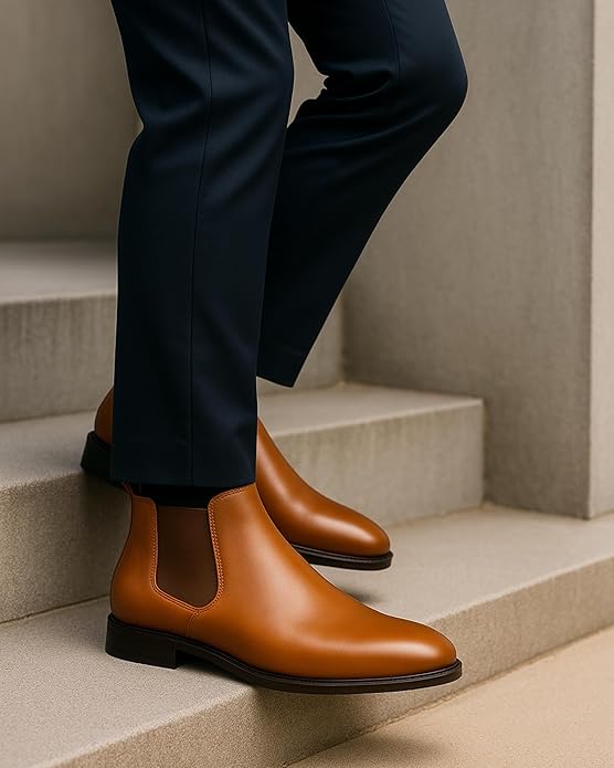 Latest Trendy Men’s Tan Chelsea Boots | Premium Faux Leather Ankle Boots | Comfortable Slip-On Footwear for Men's & Boys Size 9 - Image 4