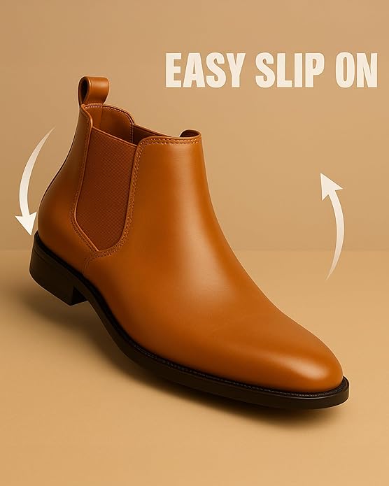 Latest Trendy Men’s Tan Chelsea Boots | Premium Faux Leather Ankle Boots | Comfortable Slip-On Footwear for Men's & Boys Size 7 - Image 3