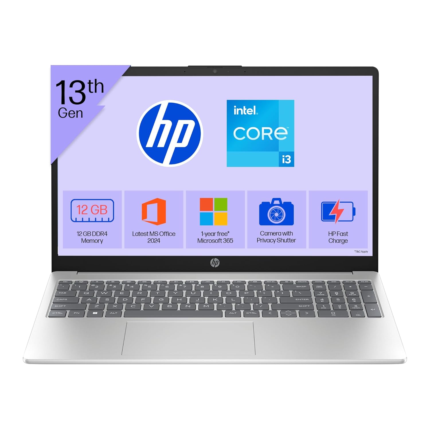 HP 15, 13th Gen Intel Core i3-1315U (12GB DDR4, 512GB SSD) FHD, Anti-Glare, Micro-Edge, 15.6''/39.6cm, Win11, M365 Basic(1yr)* Office24, Silver, 1.59kg, fd0573TU, FHD Camera w/Shutter Laptop - Image 4
