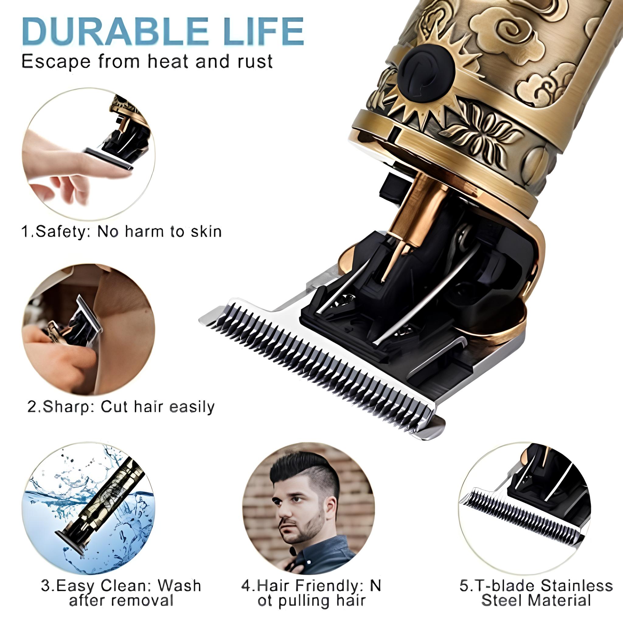 Professional Buddha Style Hair Trimmer for Men | Retro Close-Cut Clipper | Rechargeable Cordless Beard & Hair Shaver with Adjustable Blades (Golden) - Image 4
