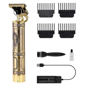 Professional Buddha Style Hair Trimmer for Men | Retro Close-Cut Clipper | Rechargeable Cordless Beard & Hair Shaver with Adjustable Blades (Golden)